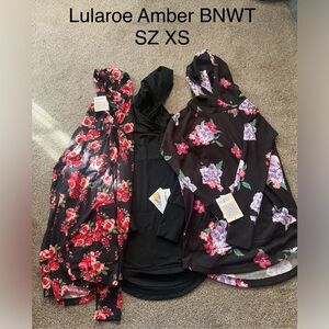 Lularoe AMBER BNWT 3 Floral & Black Hooded Tops - XS